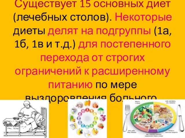 Существует 15 основных диет (лечебных столов). Некоторые диеты делят на подгруппы