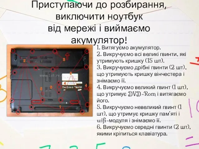 Приступаючи до розбирання, виключити ноутбук від мережі і виймаємо акумулятор! 1.