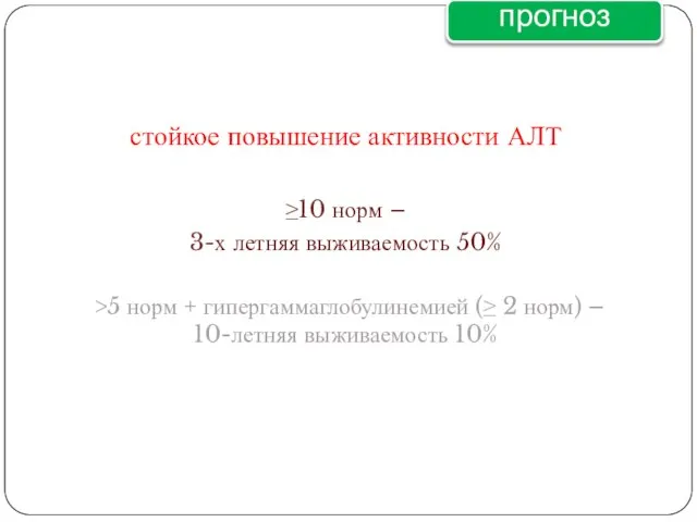 прогноз стойкое повышение активности АЛТ ≥10 норм – 3-х летняя выживаемость