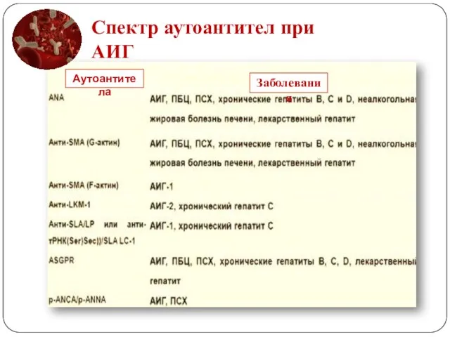 Спектр аутоантител при АИГ Аутоантитела Заболевания