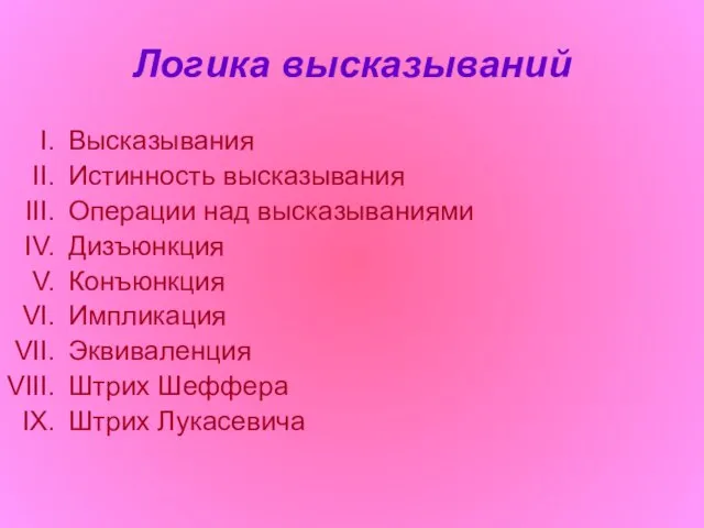 Логика высказываний Высказывания Истинность высказывания Операции над высказываниями Дизъюнкция Конъюнкция Импликация Эквиваленция Штрих Шеффера Штрих Лукасевича