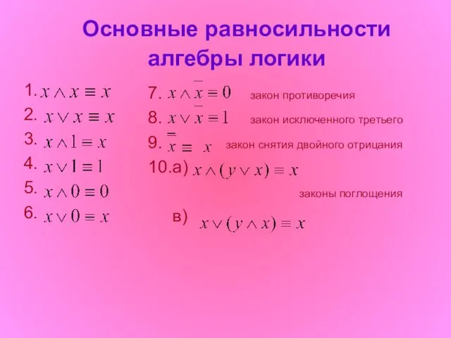 Основные равносильности алгебры логики 1. 2. 3. 4. 5. 6. 7.