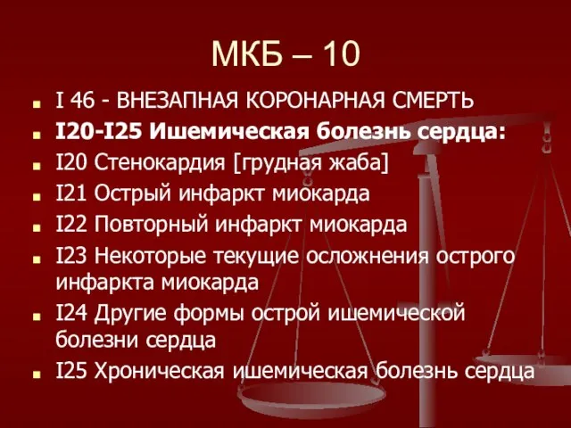 МКБ – 10 I 46 - ВНЕЗАПНАЯ КОРОНАРНАЯ СМЕРТЬ I20-I25 Ишемическая