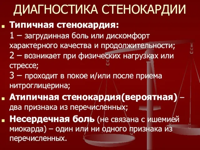 ДИАГНОСТИКА СТЕНОКАРДИИ Типичная стенокардия: 1 – загрудинная боль или дискомфорт характерного