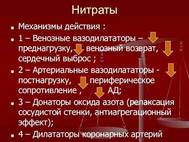 Нитраты Механизмы действия : 1 – Венозные вазодилататоры – преднагрузку, венозный