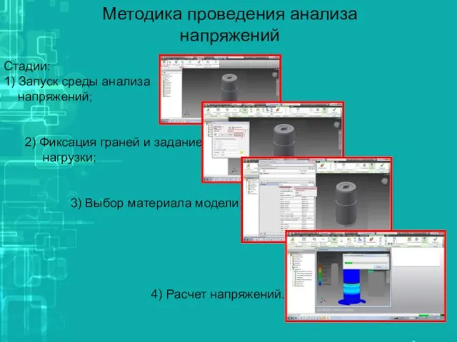 Методика проведения анализа напряжений Стадии: 1) Запуск среды анализа напряжений; 2)