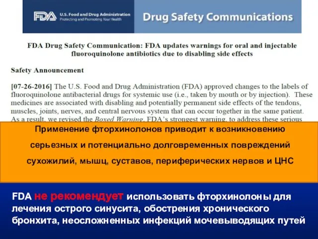 FDA не рекомендует использовать фторхинолоны для лечения острого синусита, обострения хронического