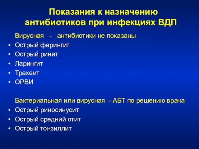 Показания к назначению антибиотиков при инфекциях ВДП Вирусная - антибиотики не