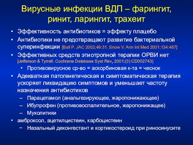 Вирусные инфекции ВДП – фарингит, ринит, ларингит, трахеит Эффективность антибиотиков =