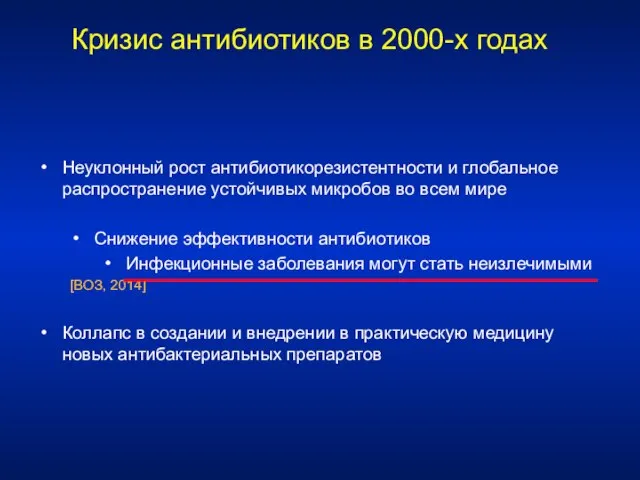 Кризис антибиотиков в 2000-х годах Неуклонный рост антибиотикорезистентности и глобальное распространение