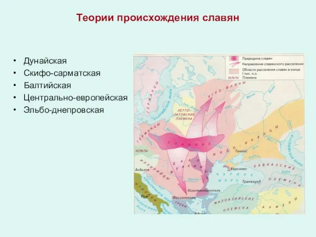 Теории происхождения славян Дунайская Скифо-сарматская Балтийская Центрально-европейская Эльбо-днепровская