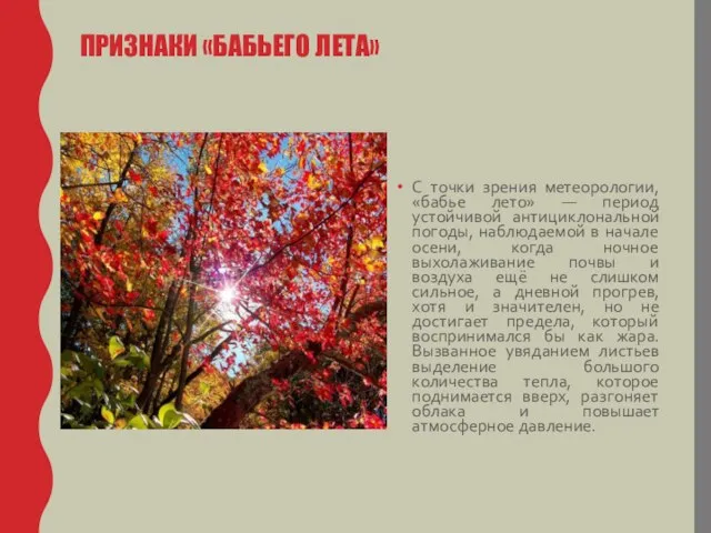 ПРИЗНАКИ «БАБЬЕГО ЛЕТА» С точки зрения метеорологии, «бабье лето» — период