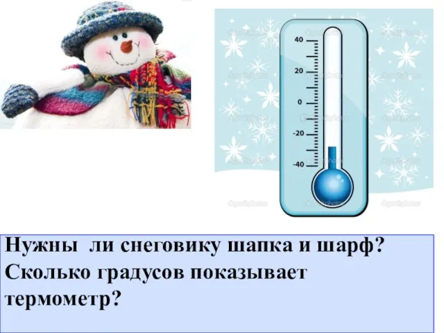 Нужны ли снеговику шапка и шарф? Сколько градусов показывает термометр?