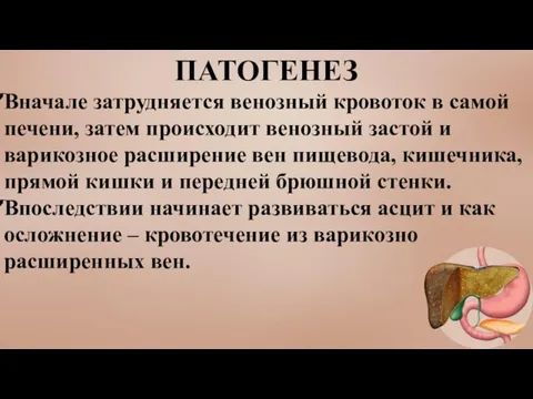 ПАТОГЕНЕЗ Вначале затрудняется венозный кровоток в самой печени, затем происходит венозный