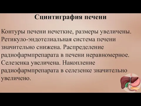 Сцинтиграфия печени Контуры печени нечеткие, размеры увеличены. Ретикуло-эндотелиальная система печени значительно