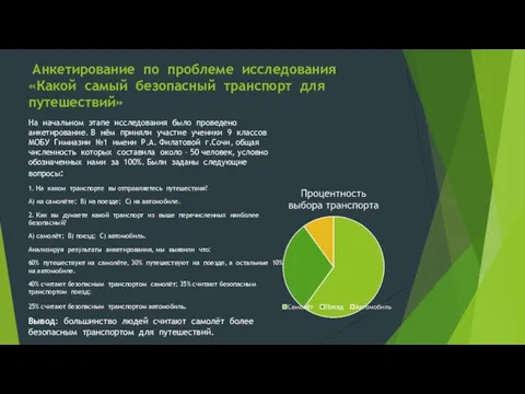 Анкетирование по проблеме исследования «Какой самый безопасный транспорт для путешествий» На