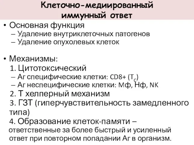 Клеточно-медиированный иммунный ответ Основная функция Удаление внутриклеточных патогенов Удаление опухолевых клеток