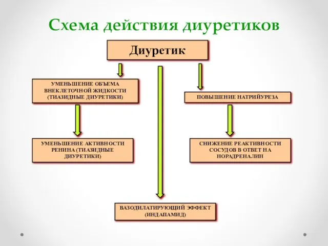 Схема действия диуретиков УМЕНЬШЕНИЕ ОБЪЕМА ВНЕКЛЕТОЧНОЙ ЖИДКОСТИ (ТИАЗИДНЫЕ ДИУРЕТИКИ) ПОВЫШЕНИЕ НАТРИЙУРЕЗА