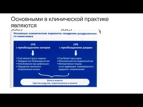 Основными в клинической практике являются СРК с запорами и СРК с диареей