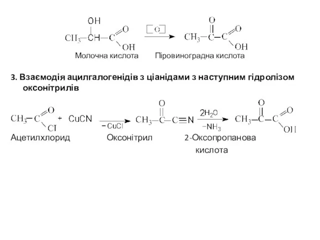 Молочна кислота Піровиноградна кислота 3. Взаємодія ацилгалогенідів з ціанідами з наступним