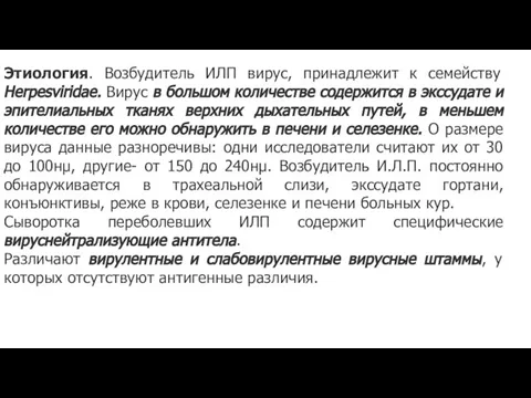 Этиология. Возбудитель ИЛП вирус, принадлежит к семейству Herpesviridae. Вирус в большом