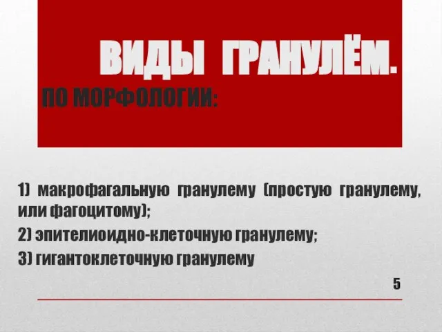 ВИДЫ ГРАНУЛЁМ. ПО МОРФОЛОГИИ: 1) макрофагальную гранулему (простую гранулему, или фагоцитому);