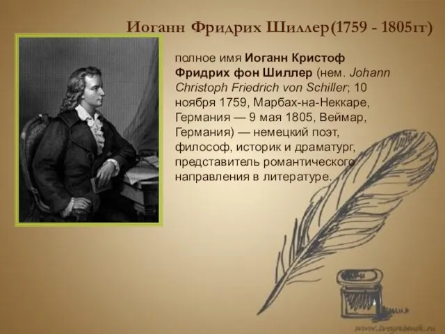 Иоганн Фридрих Шиллер(1759 - 1805гг) полное имя Иоганн Кристоф Фридрих фон