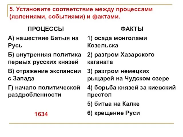 5. Установите соответствие между процессами (явлениями, событиями) и фактами. 1634