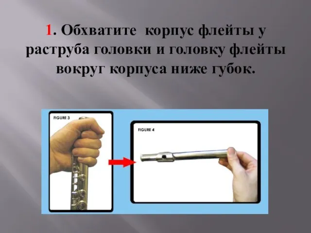 1. Обхватите корпус флейты у раструба головки и головку флейты вокруг корпуса ниже губок.