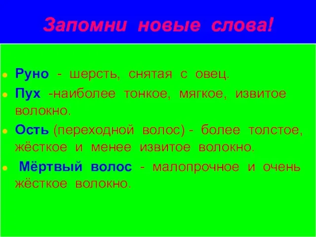 Запомни новые слова! Руно - шерсть, снятая с овец. Пух -наиболее