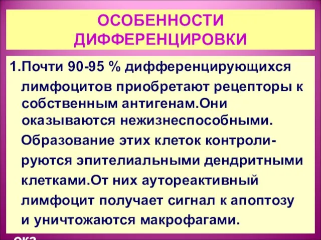 ОСОБЕННОСТИ ДИФФЕРЕНЦИРОВКИ 1.Почти 90-95 % дифференцирующихся лимфоцитов приобретают рецепторы к собственным