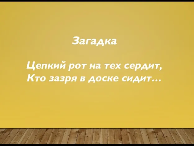 Загадка Цепкий рот на тех сердит, Кто зазря в доске сидит…