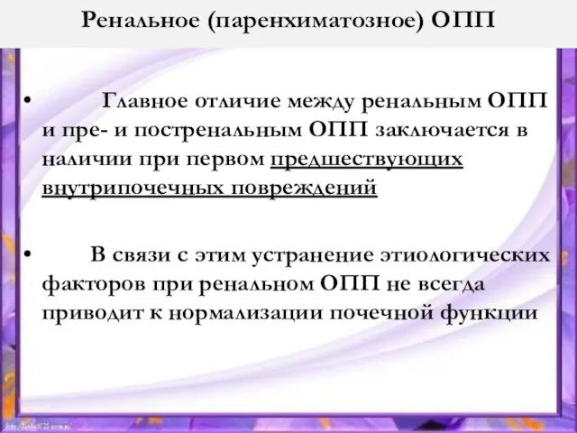 Ренальное (паренхиматозное) ОПП Главное отличие между ренальным ОПП и пре- и