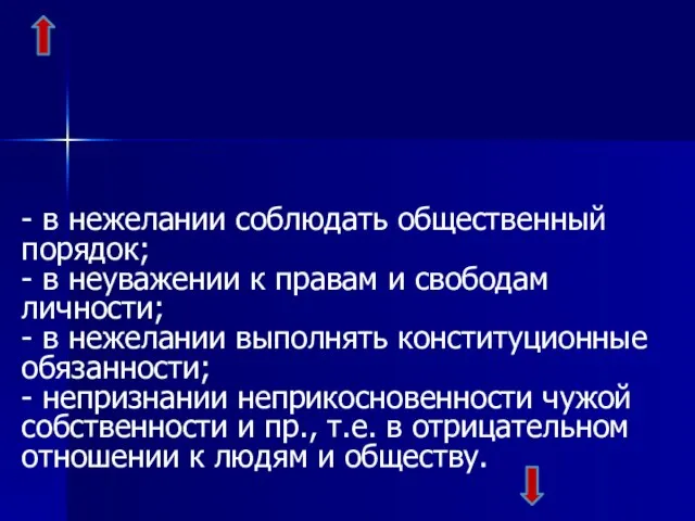 - в нежелании соблюдать общественный порядок; - в неуважении к правам