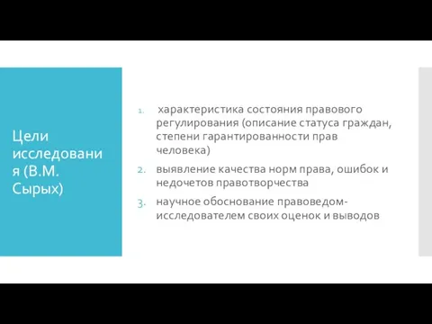 Цели исследования (В.М. Сырых) характеристика состояния правового регулирования (описание статуса граждан,