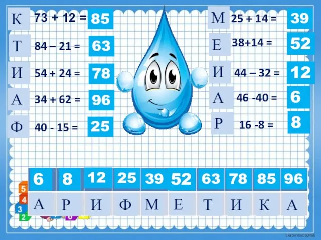 73 + 12 = К 84 – 21 = 40 -