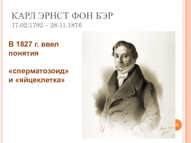 КАРЛ ЭРНСТ ФОН БЭР 17.02.1792 – 28.11.1876 В 1827 г. ввел понятия «сперматозоид» и «яйцеклетка»