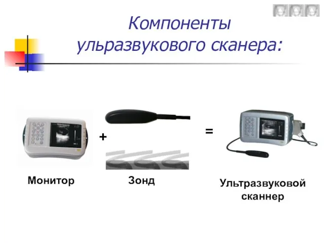 Компоненты ульразвукового сканера: + Монитор Зонд = Ультразвуковой сканнер