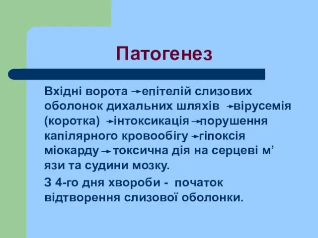 Патогенез Вхідні ворота епітелій слизових оболонок дихальних шляхів вірусемія (коротка) інтоксикація