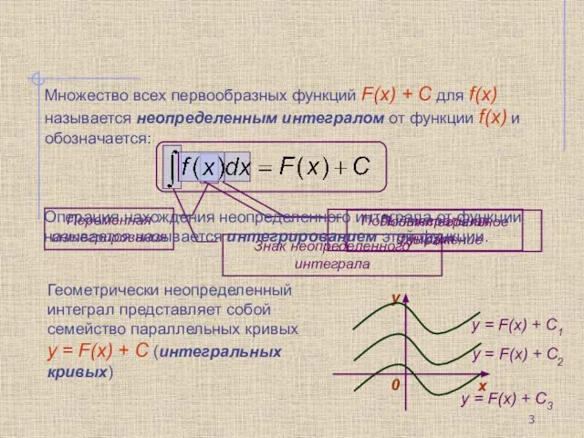 Операция нахождения неопределенного интеграла от функции называется называется интегрированием этой функции.