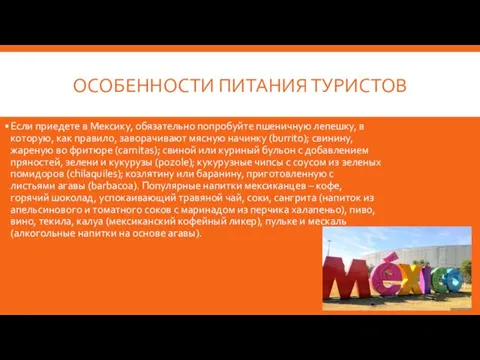 ОСОБЕННОСТИ ПИТАНИЯ ТУРИСТОВ Если приедете в Мексику, обязательно попробуйте пшеничную лепешку,