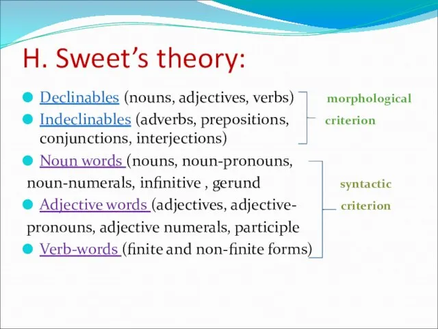 H. Sweet’s theory: Declinables (nouns, adjectives, verbs) morphological Indeclinables (adverbs, prepositions,