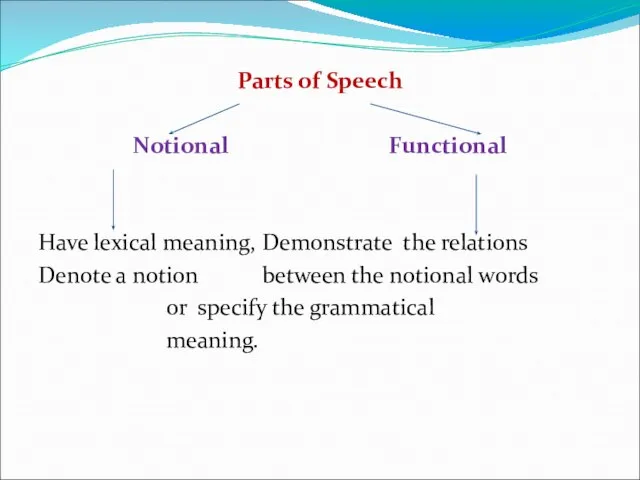 Parts of Speech Notional Functional Have lexical meaning, Demonstrate the relations