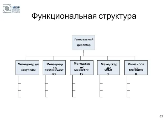 Функциональная структура Менеджер по закупкам Менеджер по производству Менеджер по маркетингу Менеджер по сбыту Финансовый менеджер