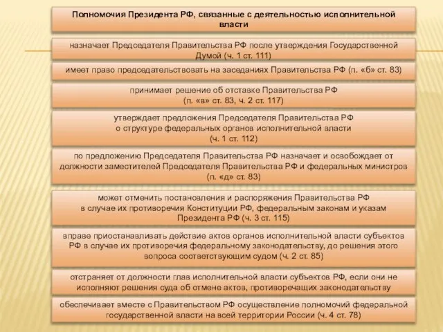 Полномочия Президента РФ, связанные с деятельностью исполнительной власти назначает Председателя Правительства