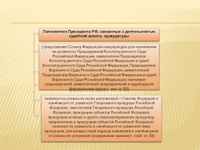 Полномочия Президента РФ, связанные с деятельностью судебной власти, прокуратуры (представляет Совету