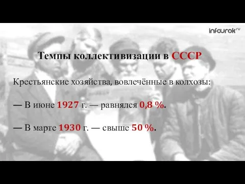 Темпы коллективизации в СССР Крестьянские хозяйства, вовлечённые в колхозы: — В