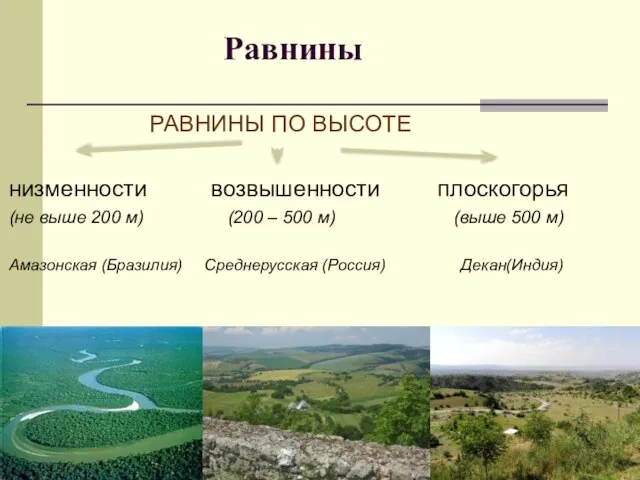 Равнины РАВНИНЫ ПО ВЫСОТЕ низменности возвышенности плоскогорья (не выше 200 м)