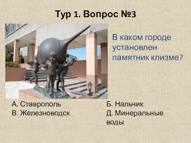 Тур 1. Вопрос №3 В каком городе установлен памятник клизме? А.