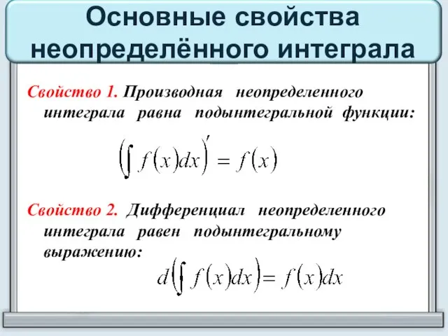 Основные свойства неопределённого интеграла Свойство 1. Производная неопределенного интеграла равна подынтегральной